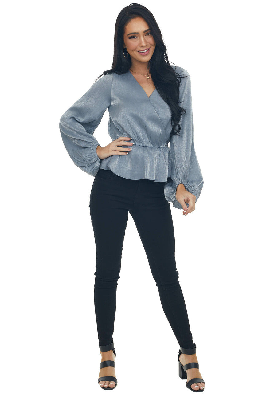 Steel Metallic Drop Waist Surplice Peplum Top