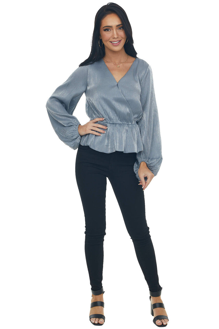 Steel Metallic Drop Waist Surplice Peplum Top