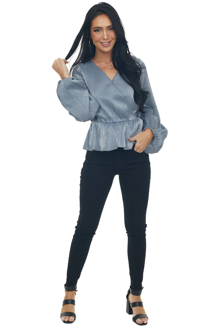 Steel Metallic Drop Waist Surplice Peplum Top