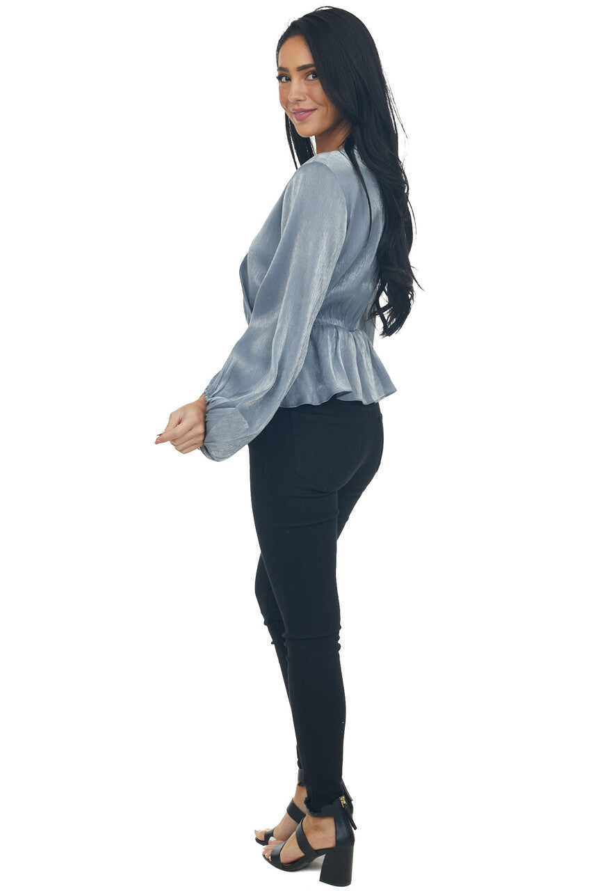 Steel Metallic Drop Waist Surplice Peplum Top