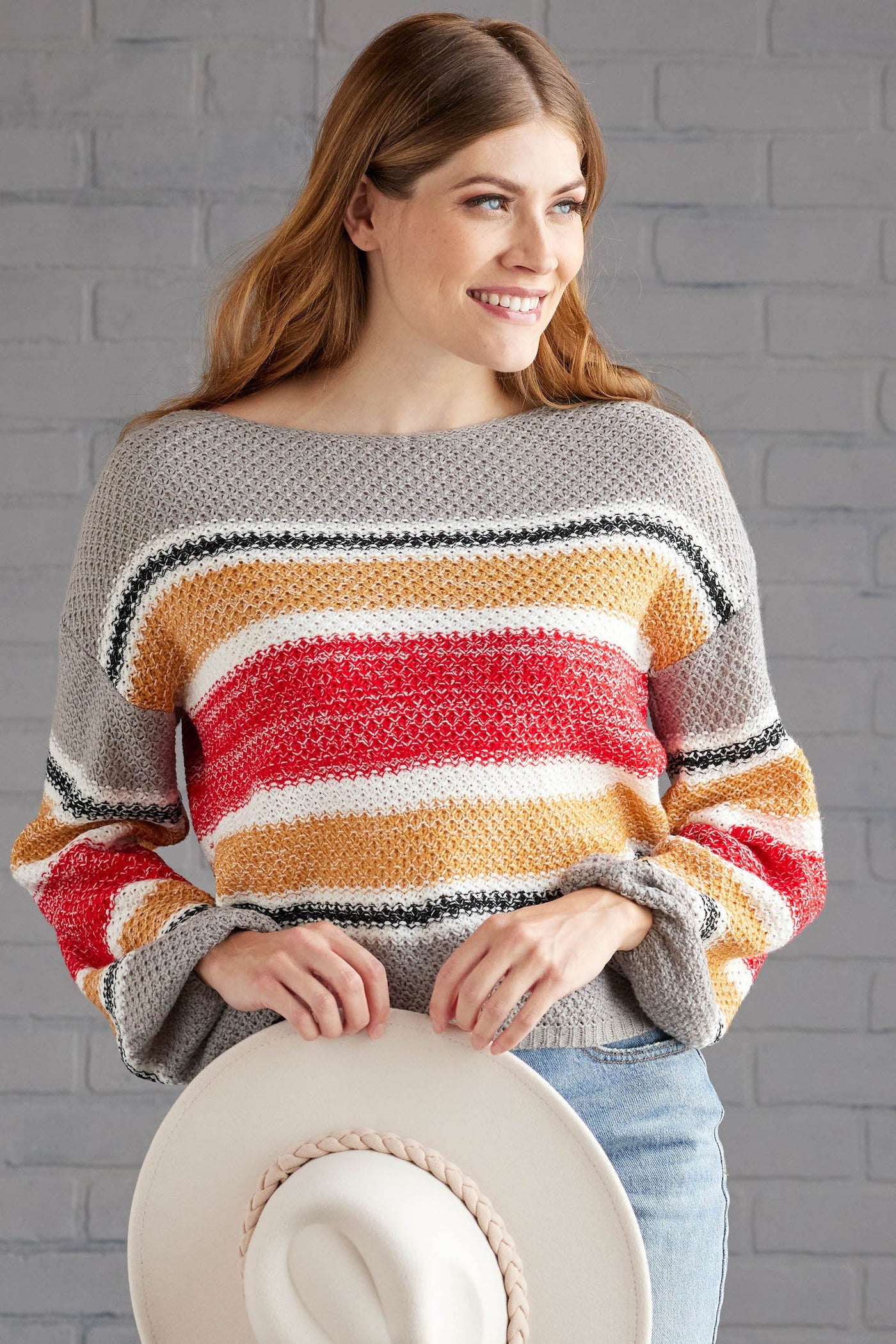 Steel Striped Long Sleeve Boat Neckline Sweater