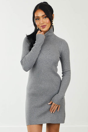 Steel Turtleneck Ribbed Knit Bodycon Dress