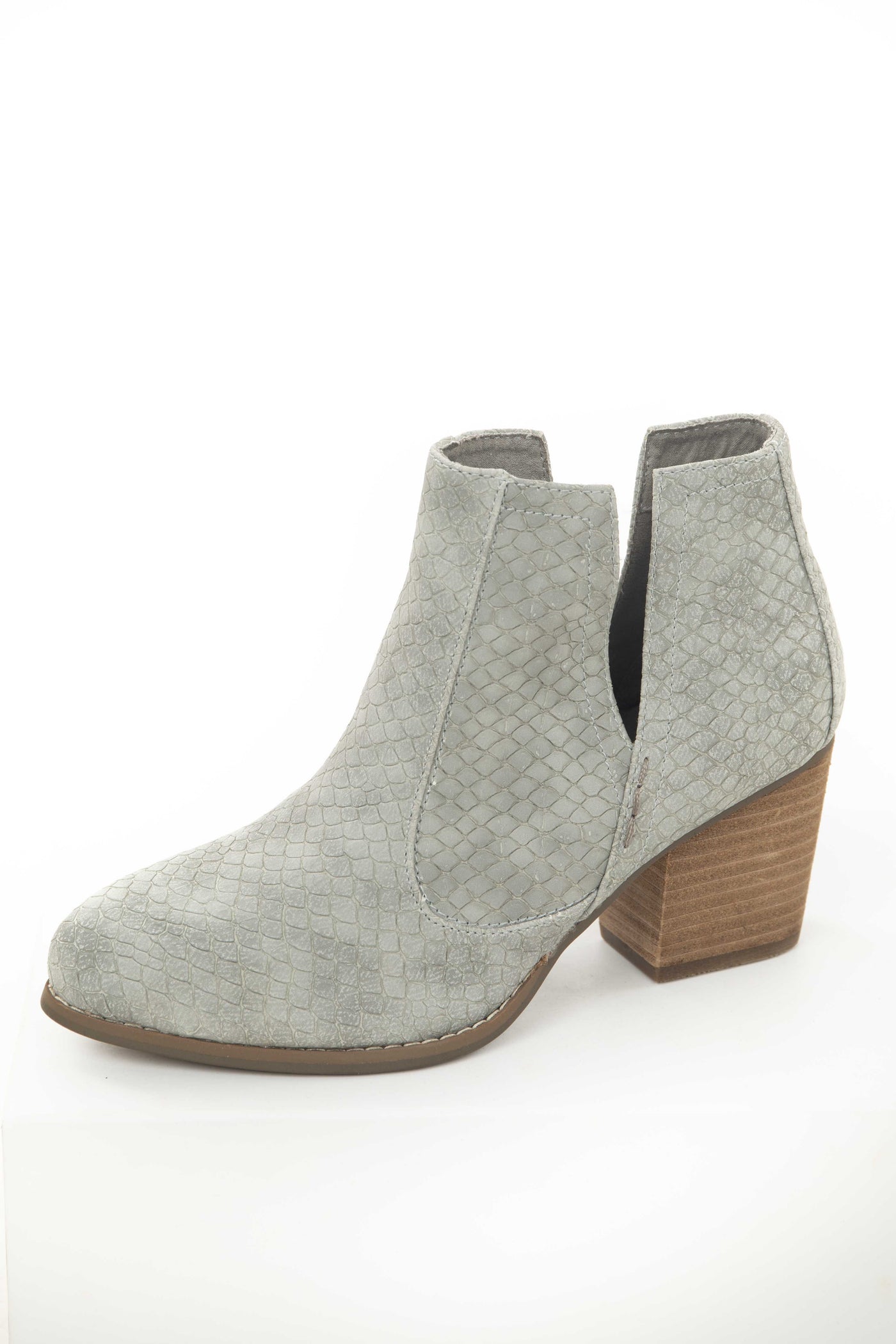Steel Snakeskin and Faux Suede Heeled Bootie