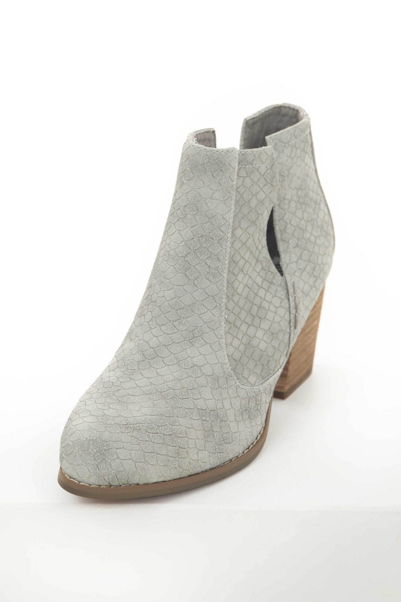 Steel Snakeskin and Faux Suede Heeled Bootie