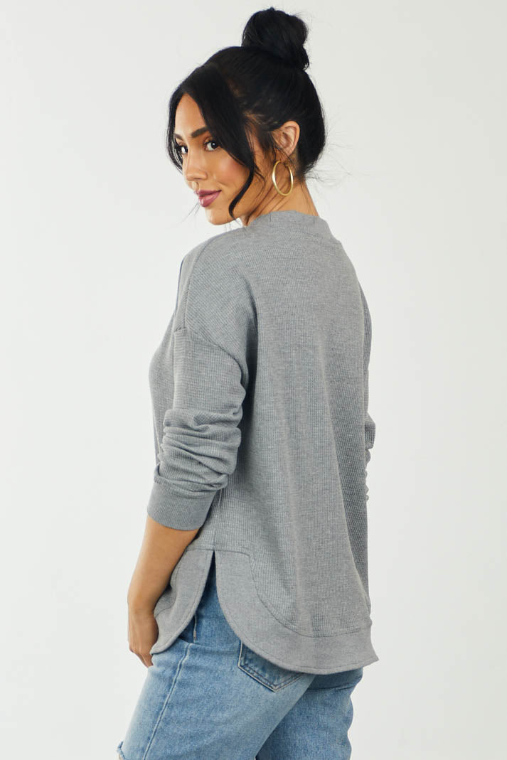 Stone Contrast Trim Curved Hem Waffle Knit Top