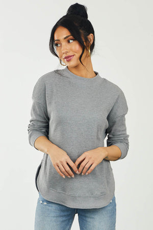 Stone Contrast Trim Curved Hem Waffle Knit Top
