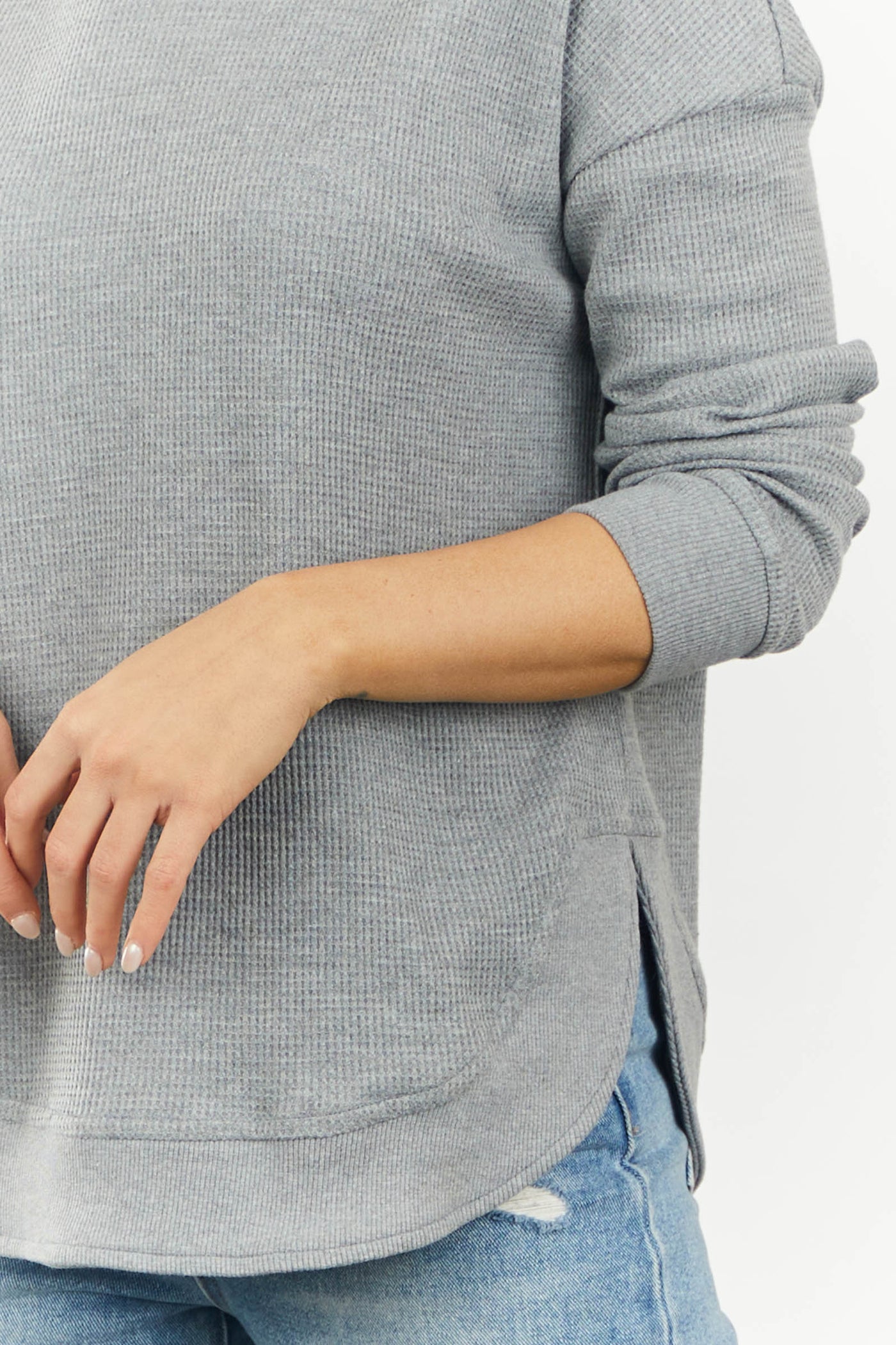 Stone Contrast Trim Curved Hem Waffle Knit Top