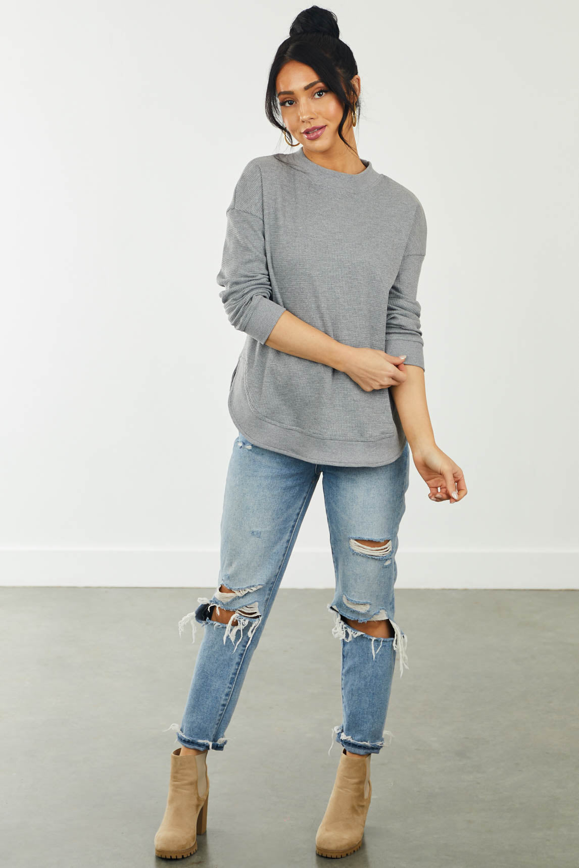 Stone Contrast Trim Curved Hem Waffle Knit Top