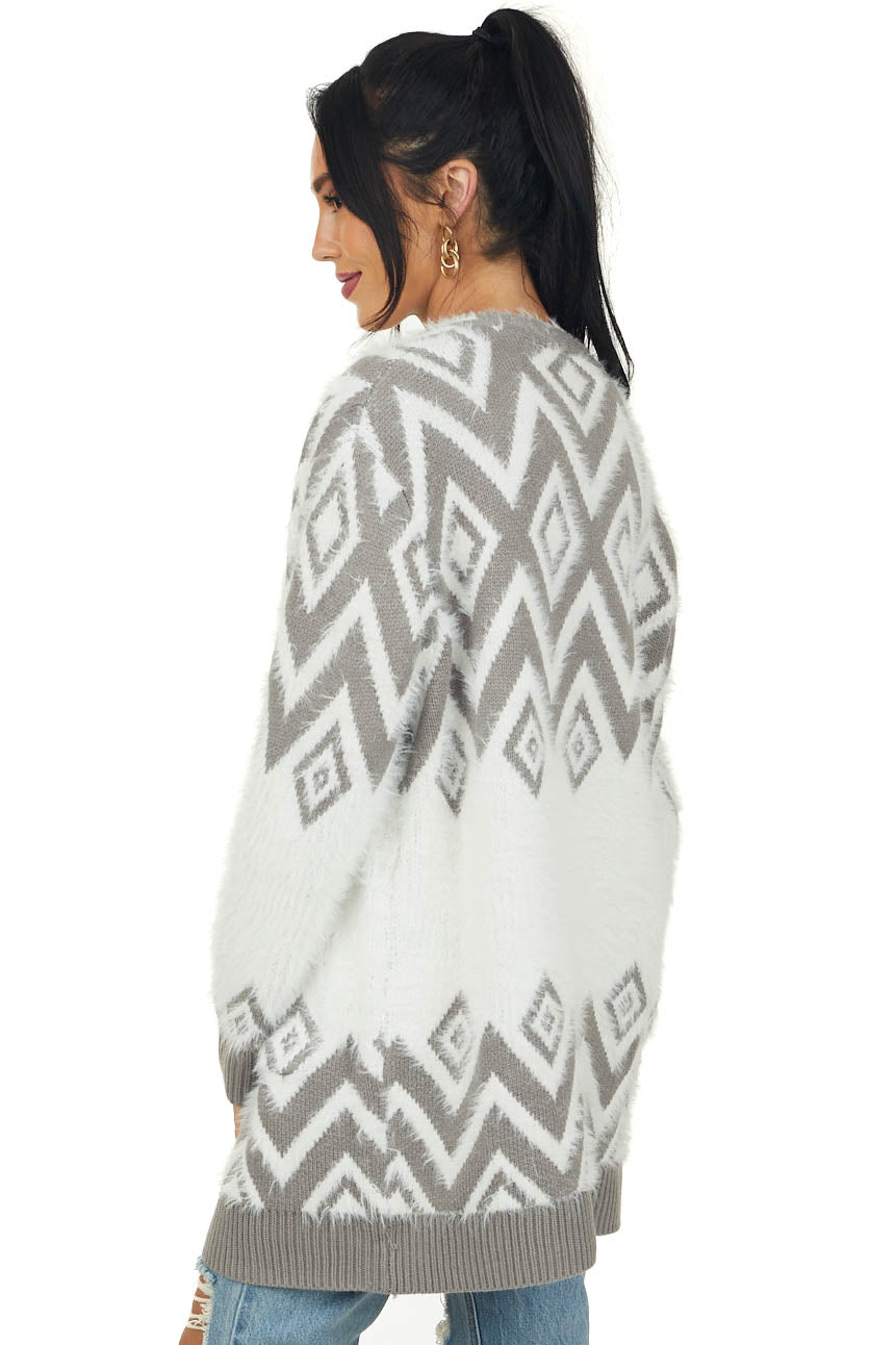 Stone Geometric Pattern Fuzzy Open Front Cardigan