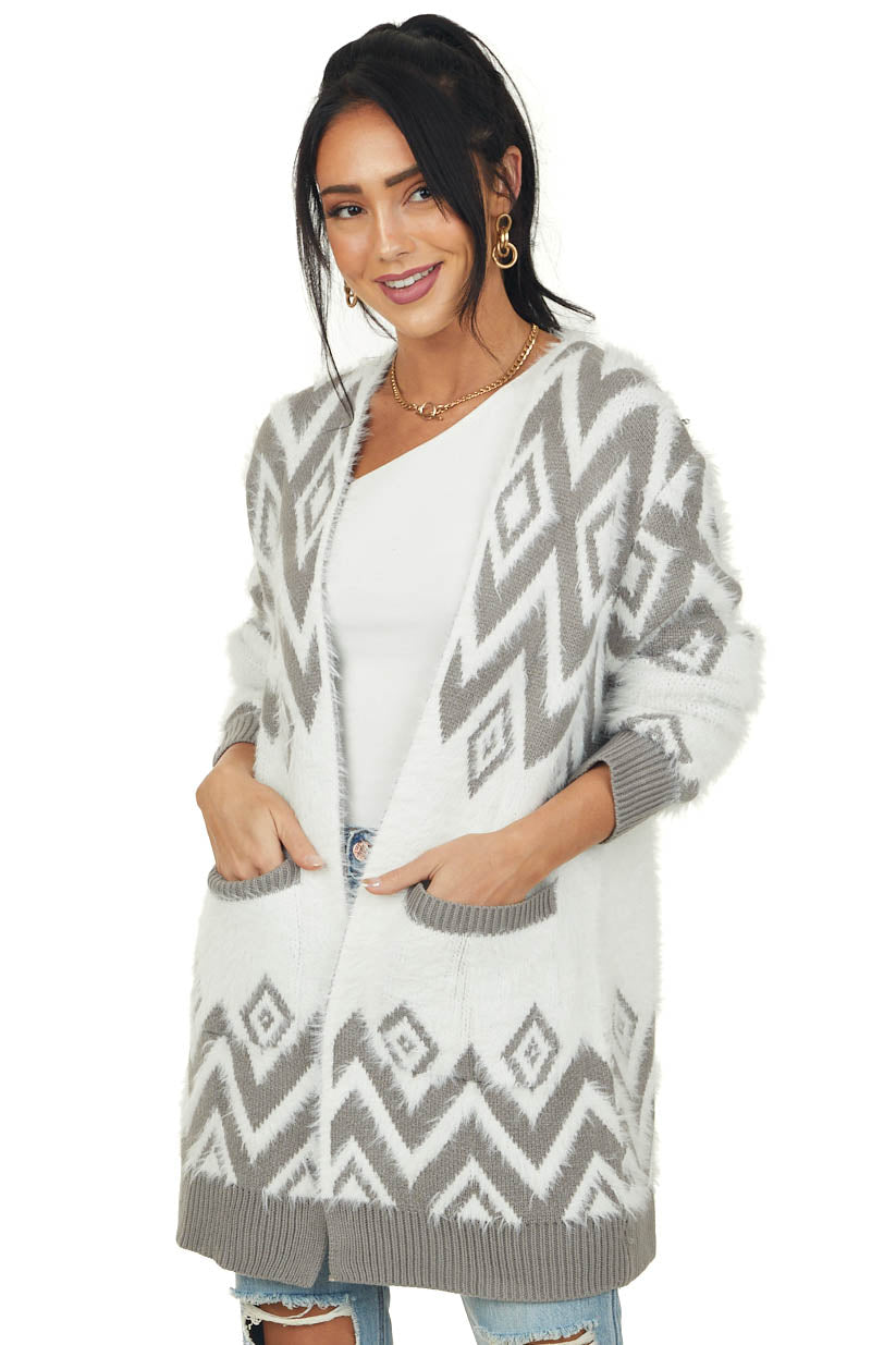 Stone Geometric Pattern Fuzzy Open Front Cardigan