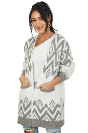 Stone Geometric Pattern Fuzzy Open Front Cardigan