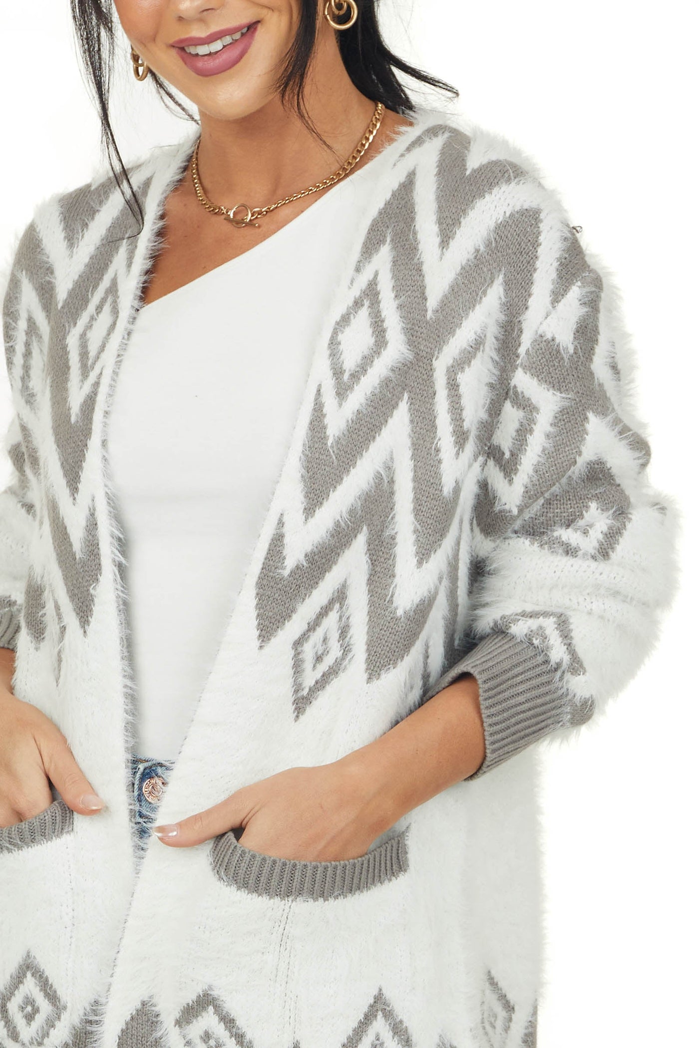 Stone Geometric Pattern Fuzzy Open Front Cardigan