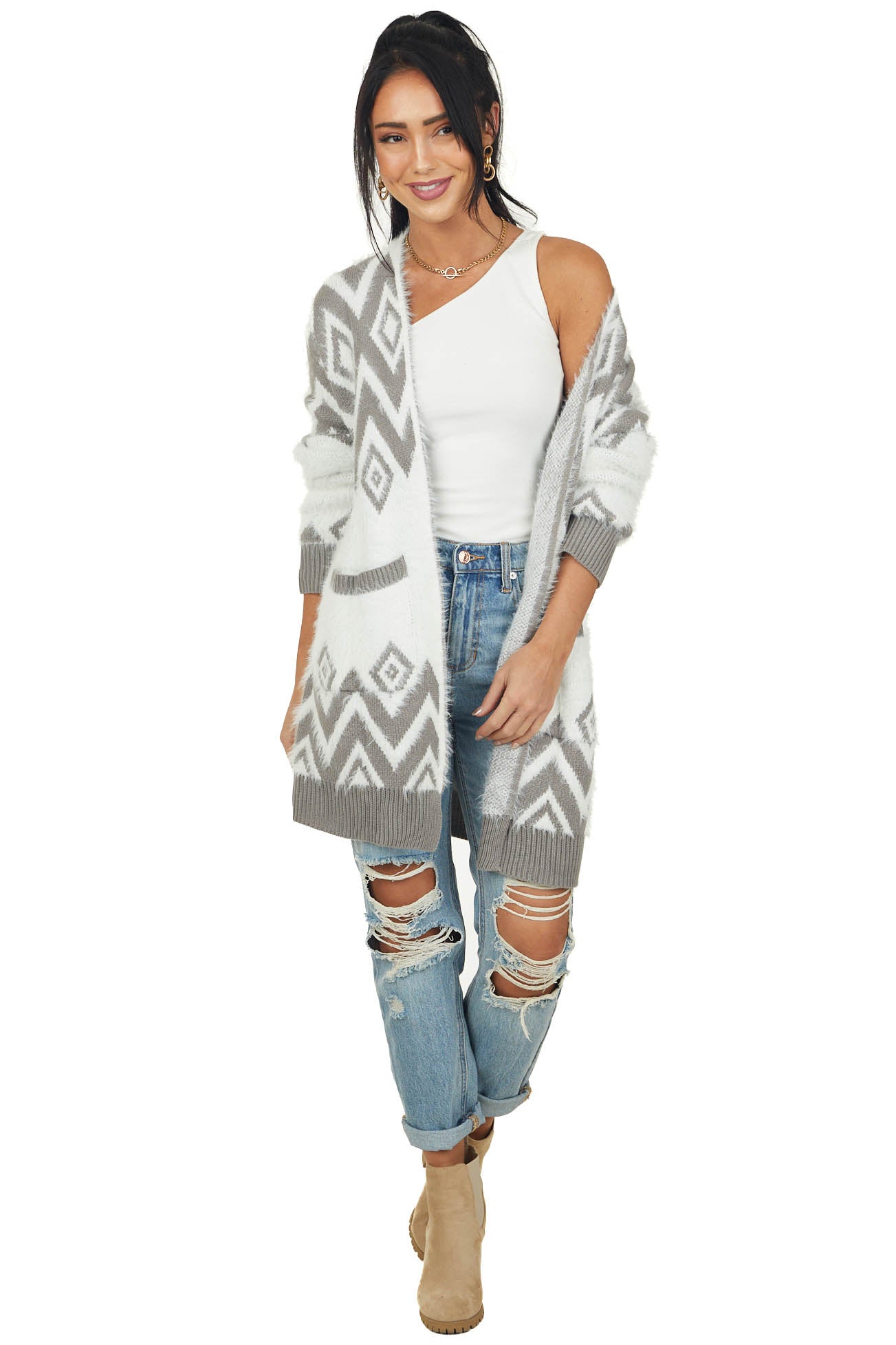 Stone Geometric Pattern Fuzzy Open Front Cardigan