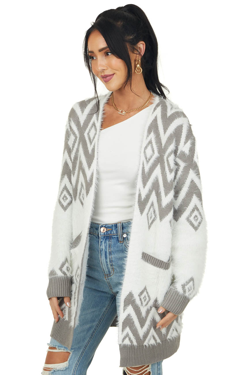 Stone Geometric Pattern Fuzzy Open Front Cardigan