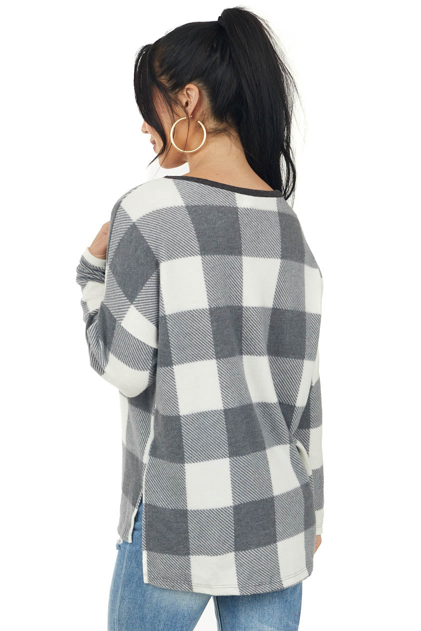 Stone Grey Buffalo Plaid Print Long Sleeve Knit Top