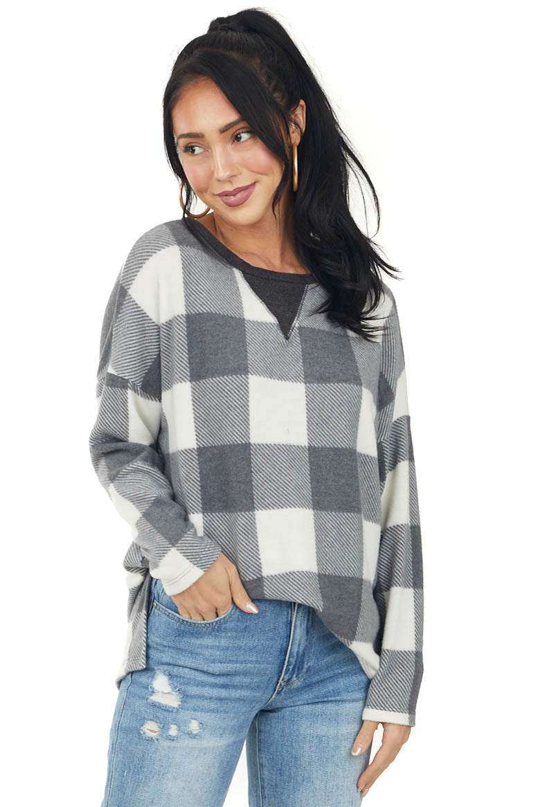 Stone Grey Buffalo Plaid Print Long Sleeve Knit Top