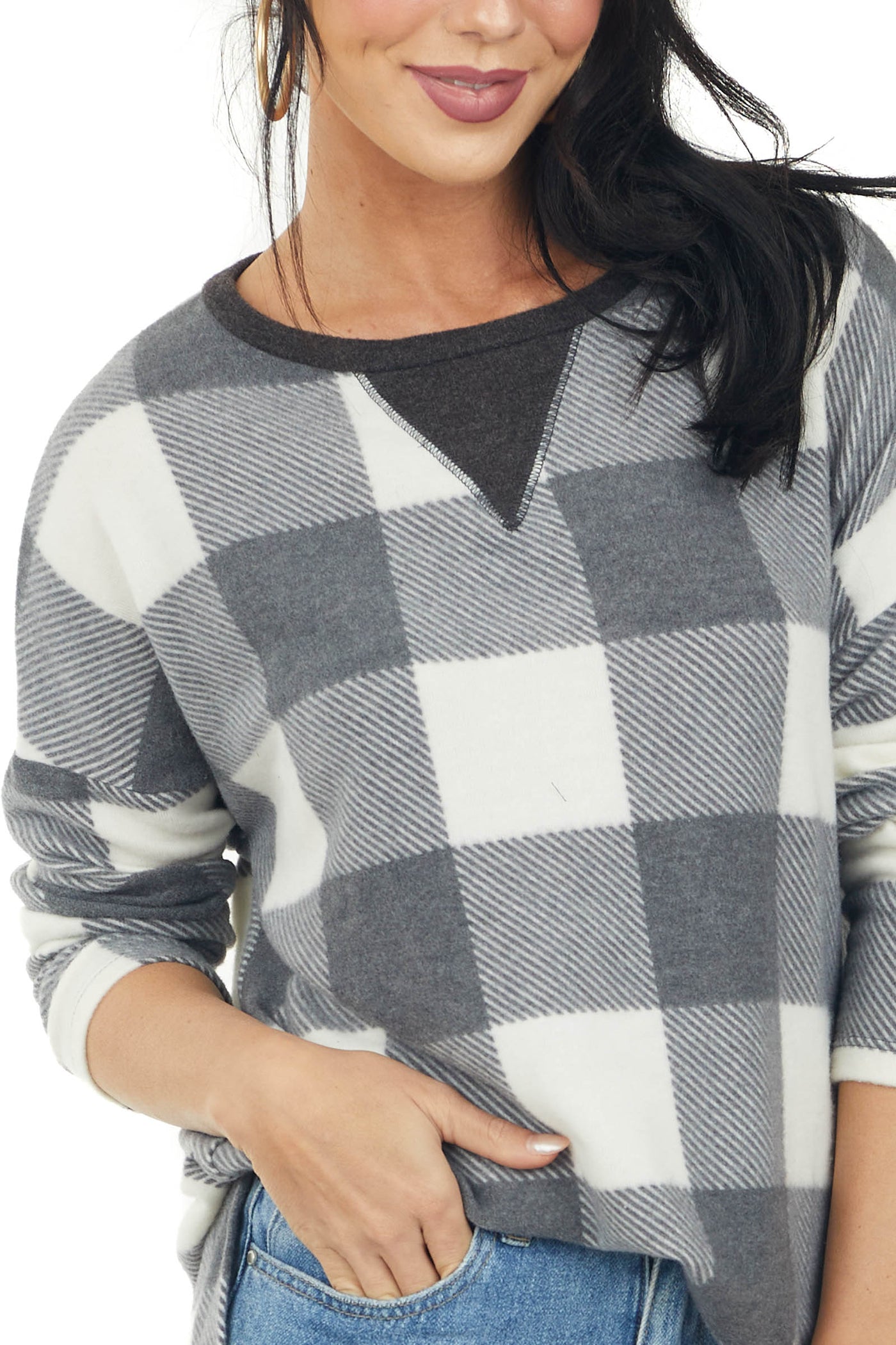 Stone Grey Buffalo Plaid Print Long Sleeve Knit Top