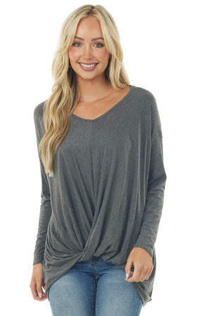 Stone Grey Long Sleeve Knit Top with Front Twist Detail