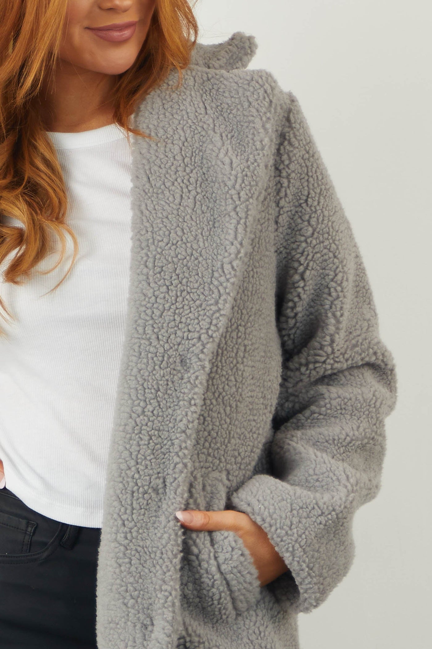 Stone Grey Longline Teddy Coat with Pockets