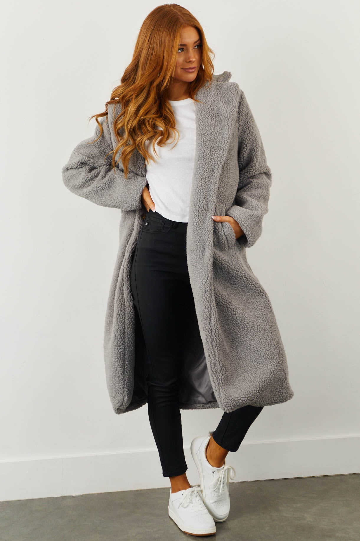 Stone Grey Longline Teddy Coat with Pockets