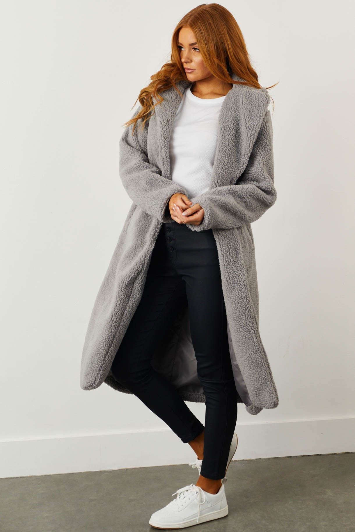 Stone Grey Longline Teddy Coat with Pockets