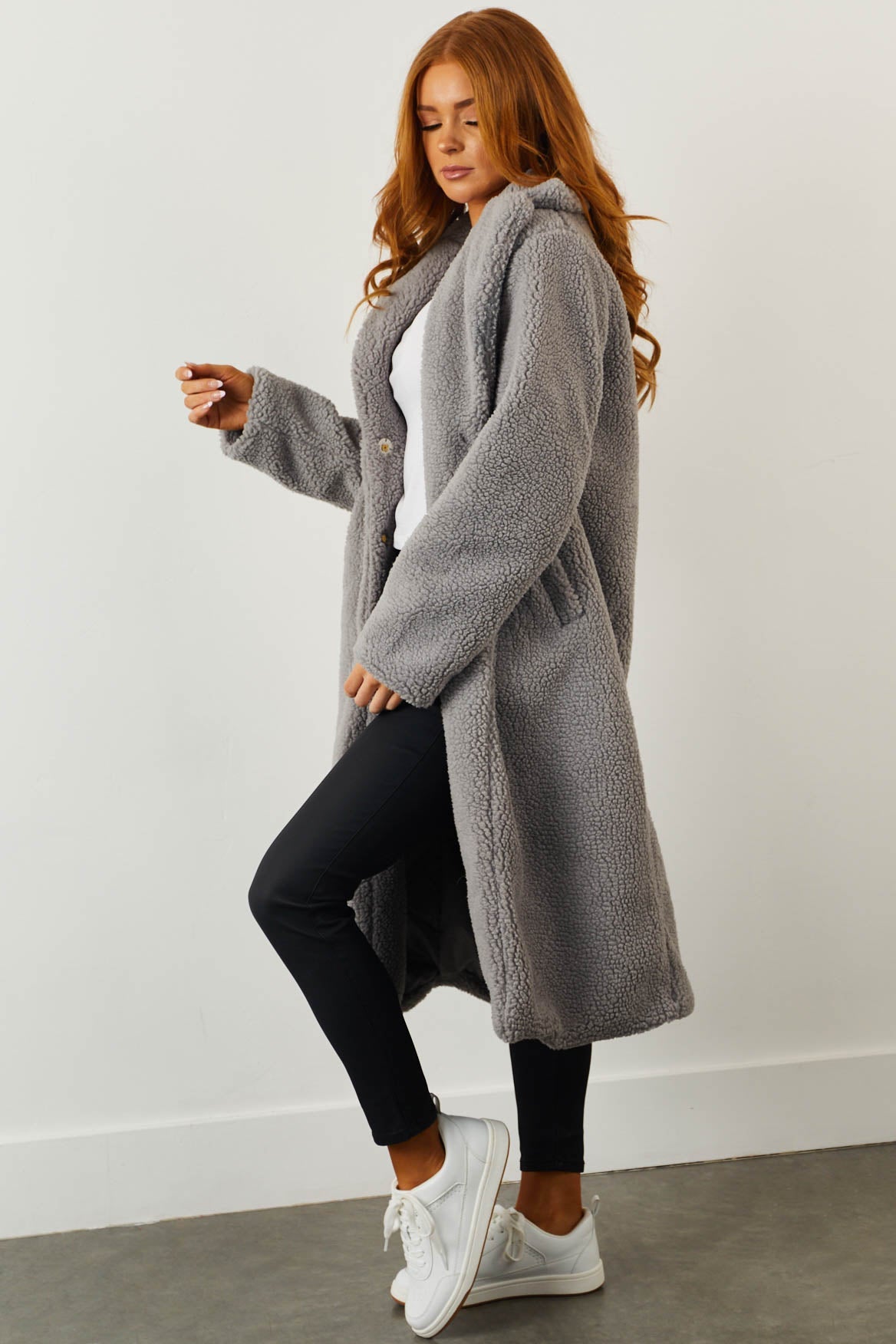 Stone Grey Longline Teddy Coat with Pockets