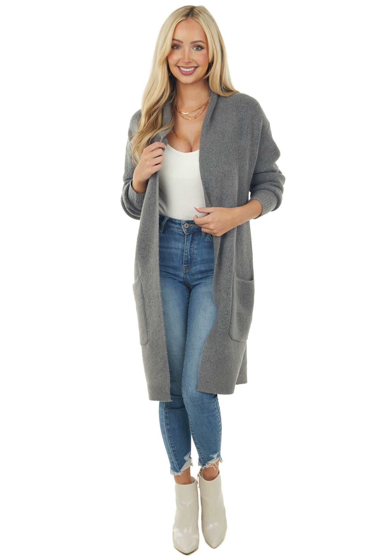 Stone Grey Shawl Collar Knit Duster Cardigan