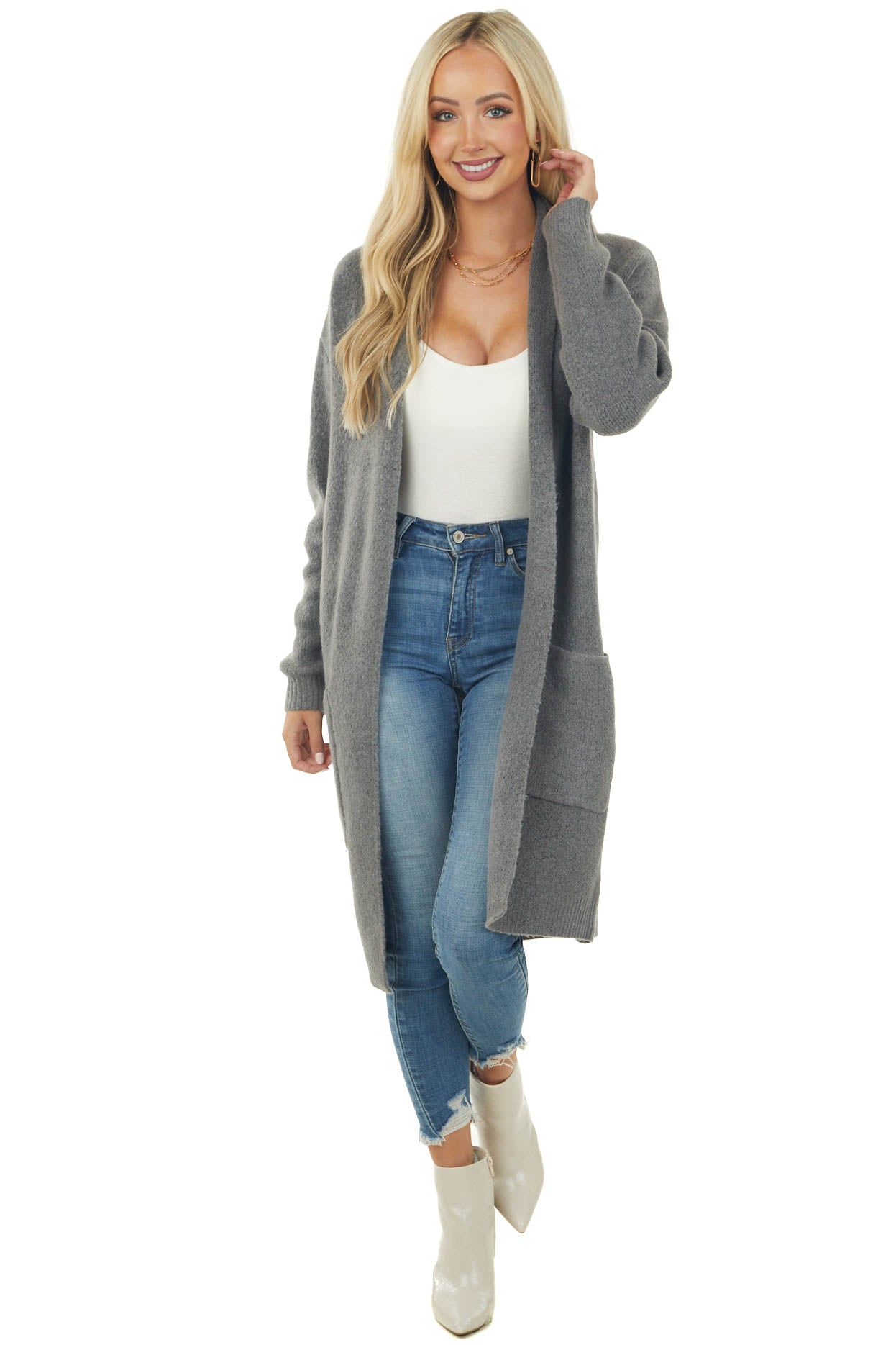 Stone Grey Shawl Collar Knit Duster Cardigan