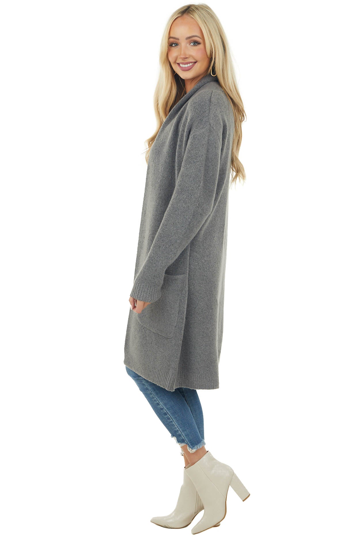 Stone Grey Shawl Collar Knit Duster Cardigan