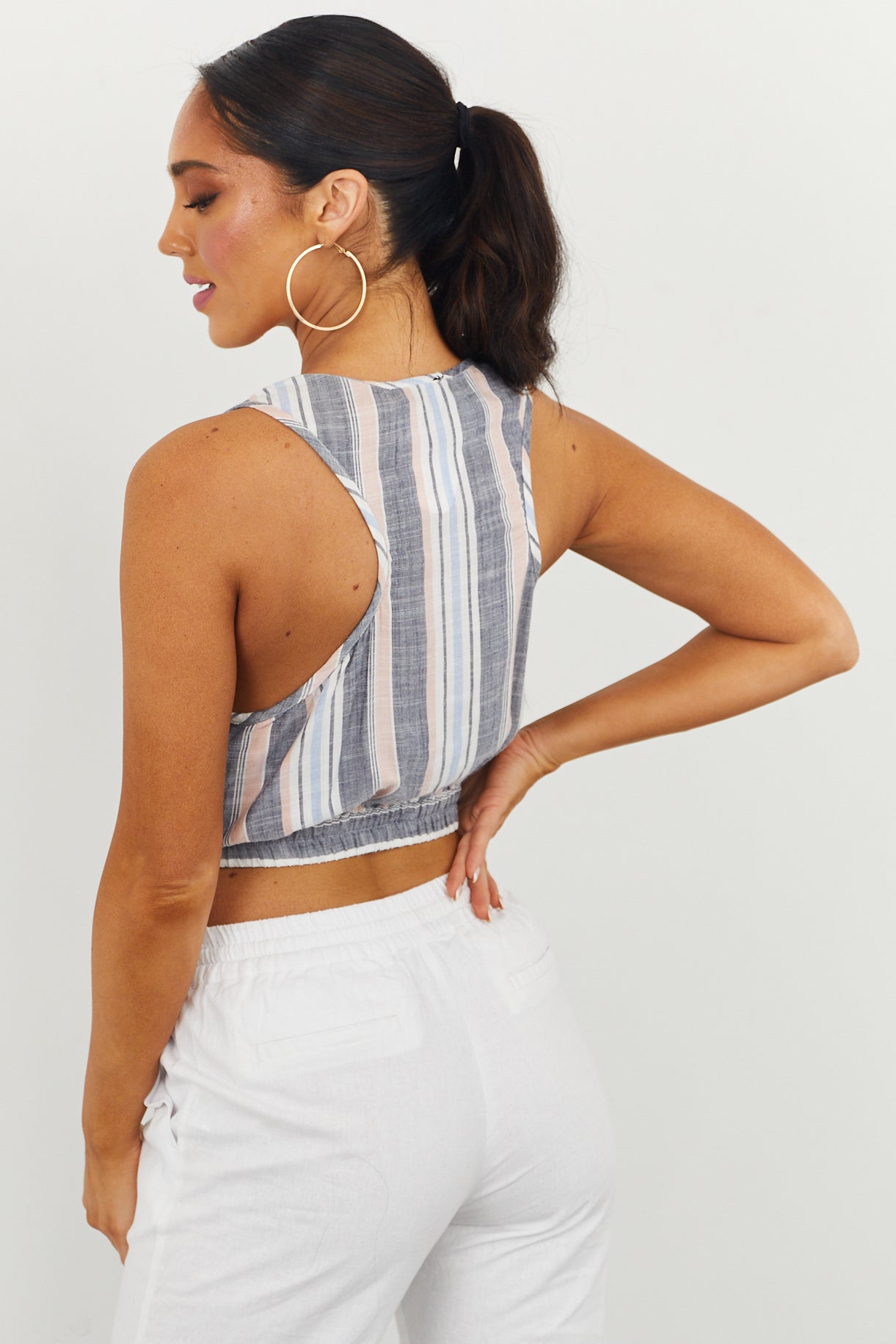 Stone Grey Striped Surplice Cropped Tank Top