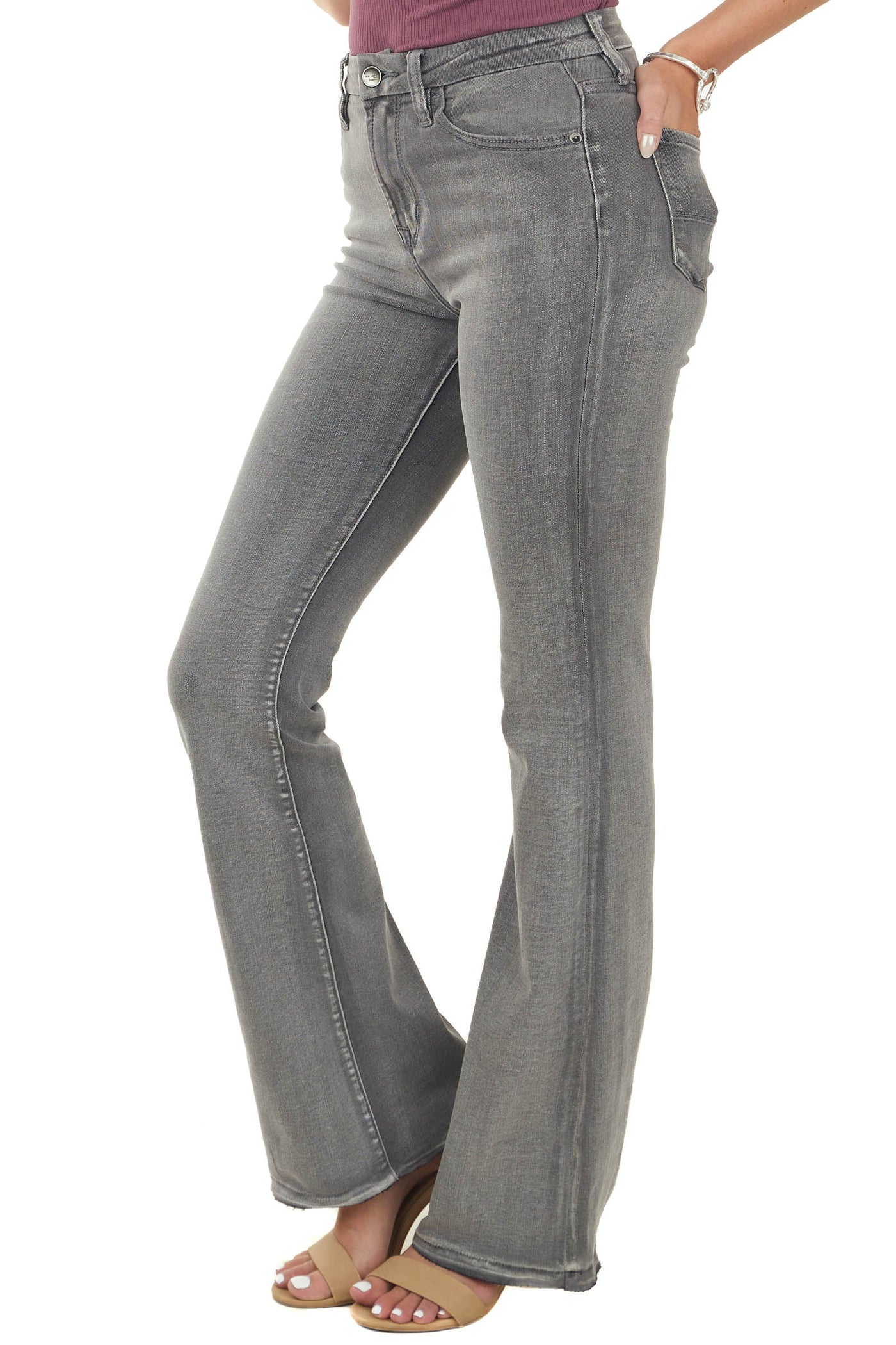 Stone Grey Washed High Rise Flare Jeans