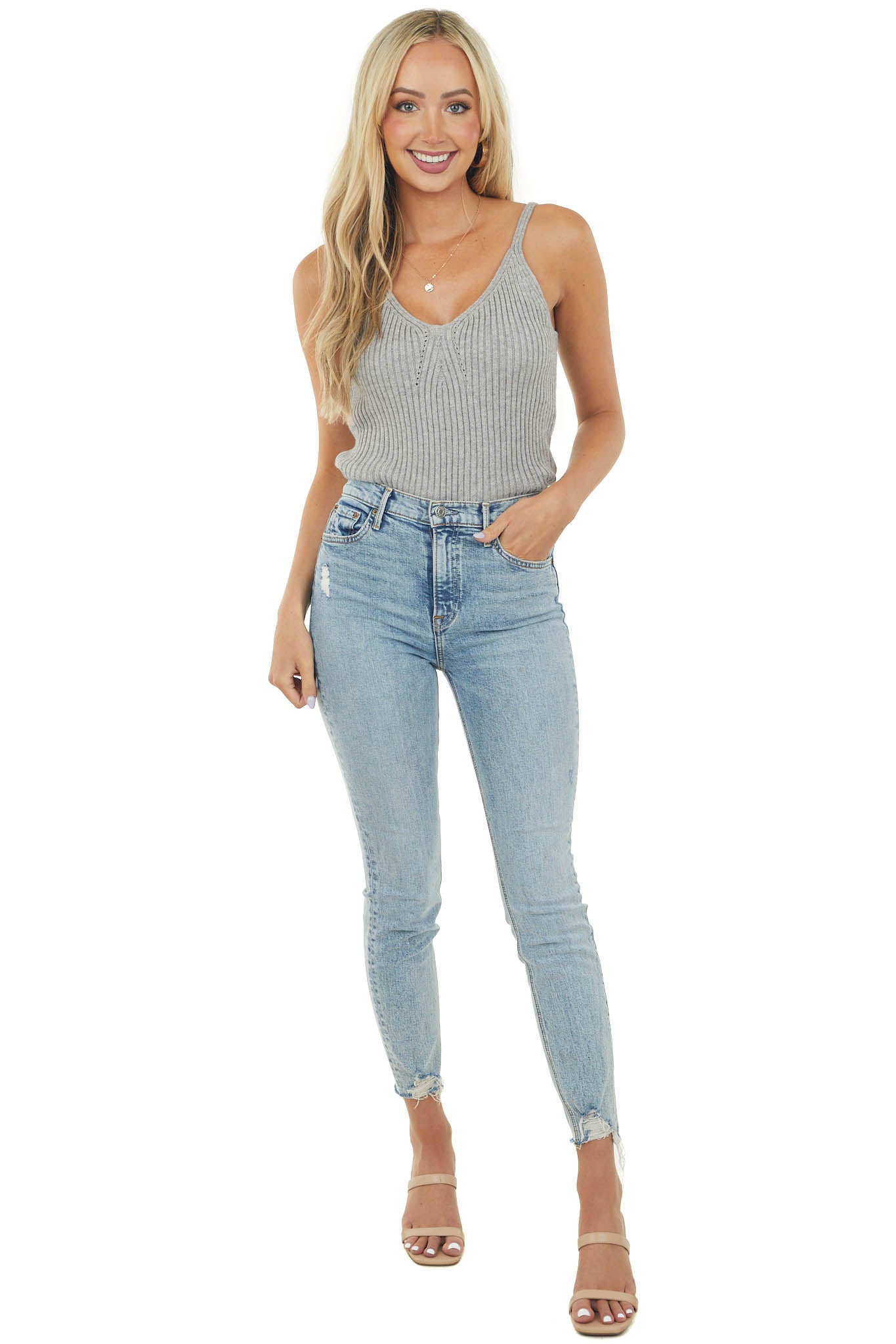Stone Thick Ribbed Knit Pointelle Tank Top