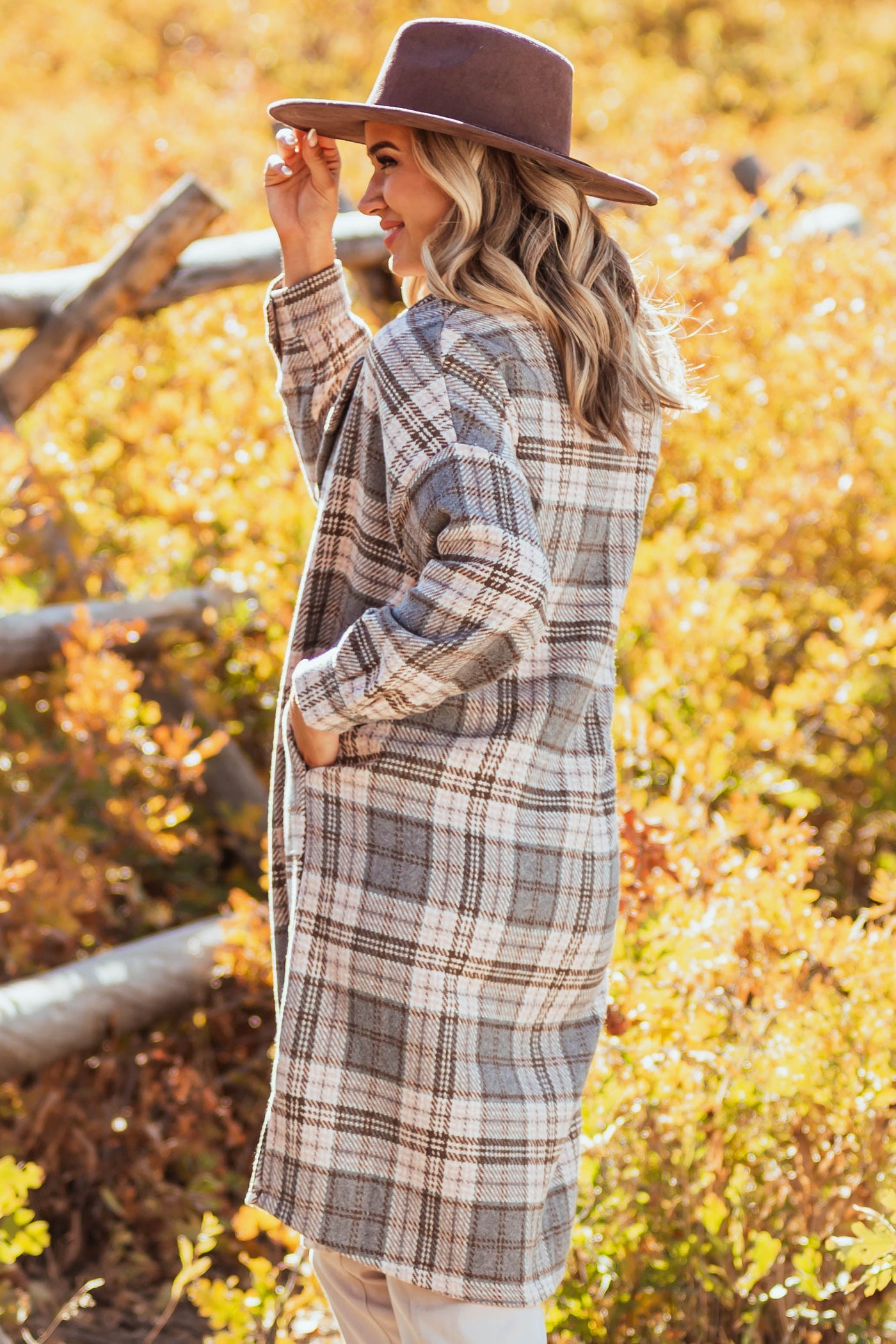 Stone and Blush Plaid Print Button Up Woven Coat