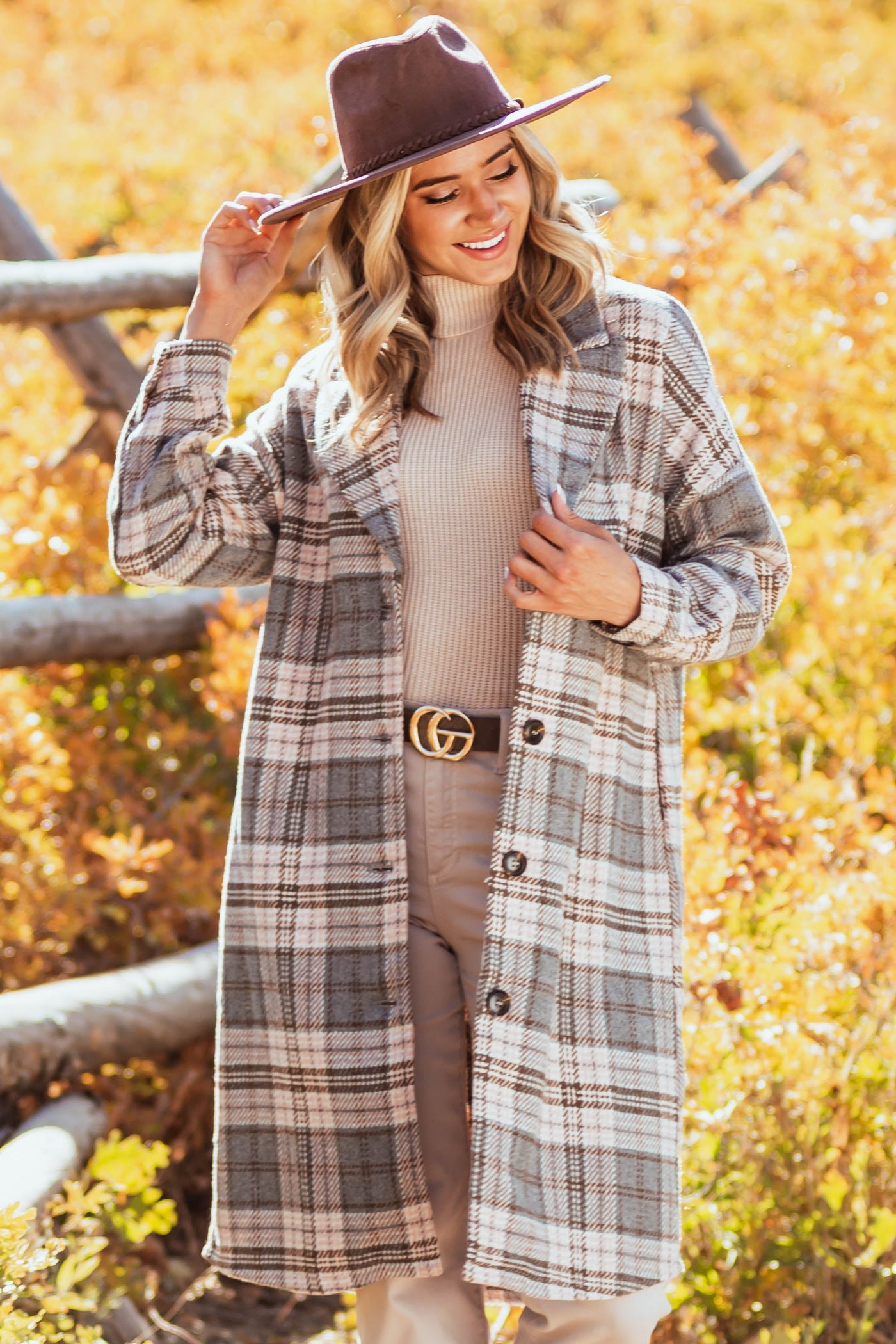 Stone and Blush Plaid Print Button Up Woven Coat
