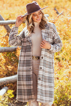 Stone and Blush Plaid Print Button Up Woven Coat