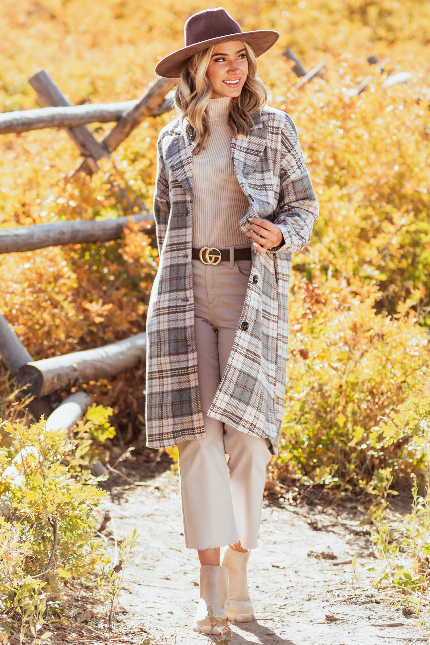 Stone and Blush Plaid Print Button Up Woven Coat