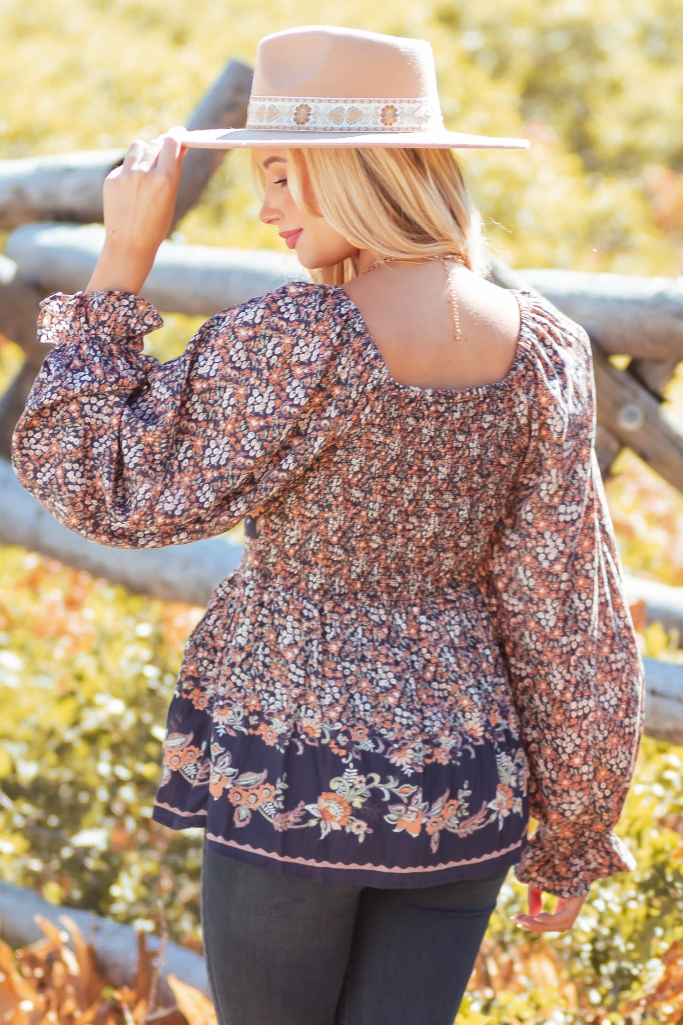 Stormy Grey Floral Twist Front Smocked Blouse