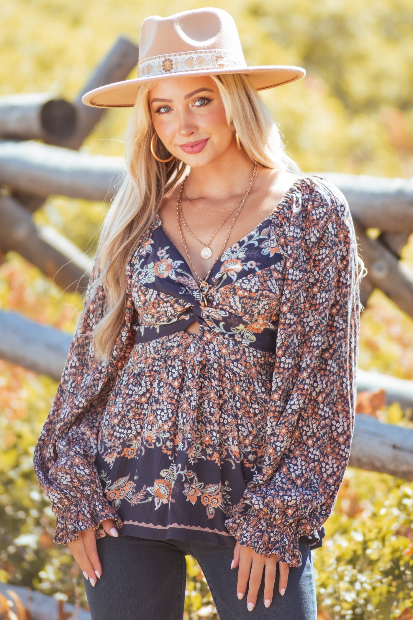 Stormy Grey Floral Twist Front Smocked Blouse