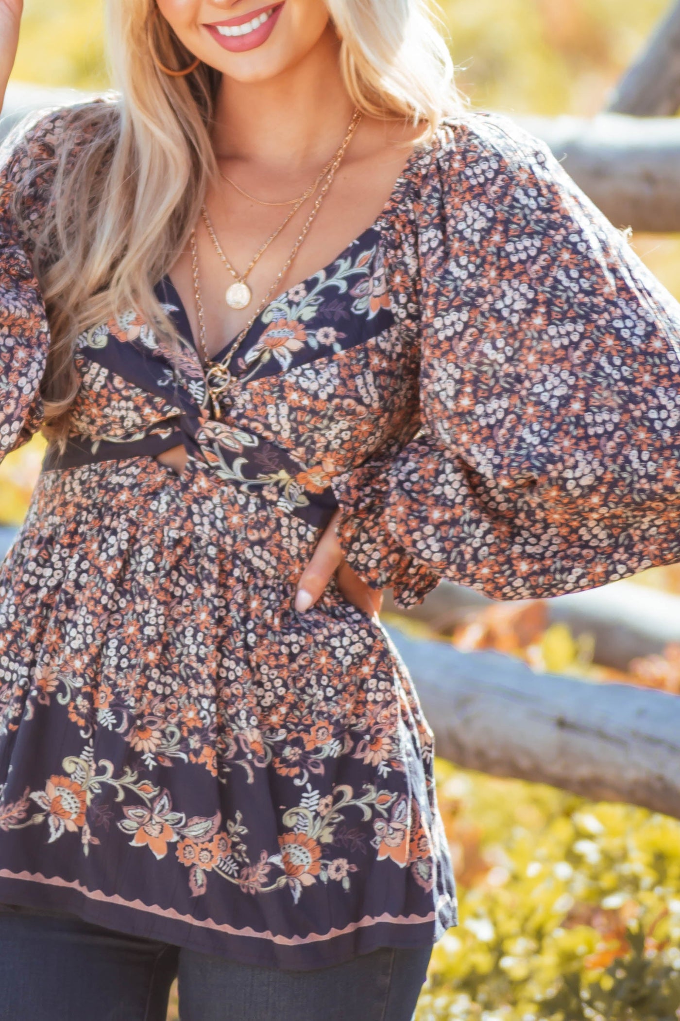 Stormy Grey Floral Twist Front Smocked Blouse