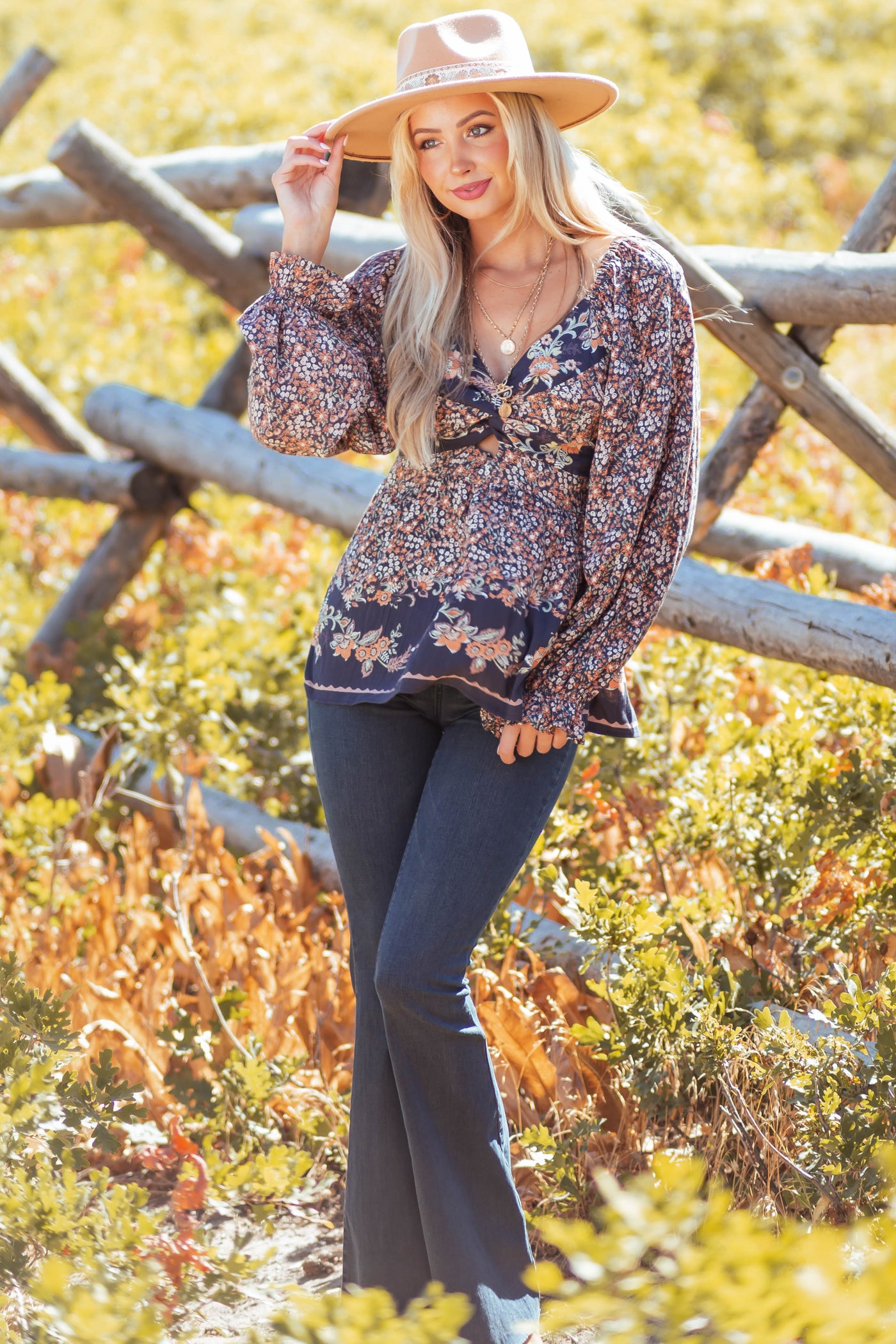 Stormy Grey Floral Twist Front Smocked Blouse