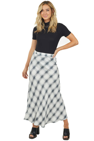 Stormy Grey and Coconut Plaid Woven Maxi Skirt