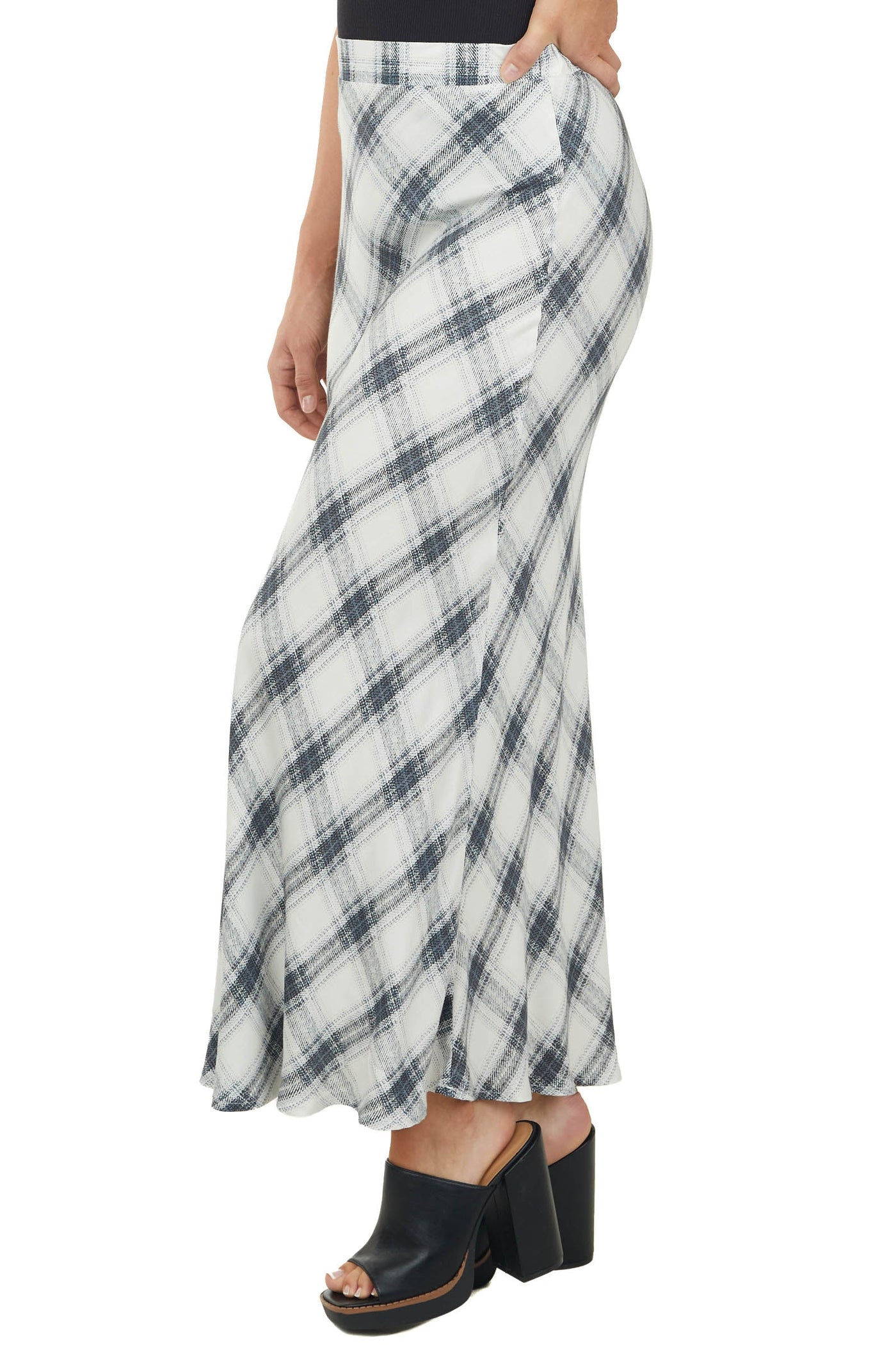 Stormy Grey and Coconut Plaid Woven Maxi Skirt