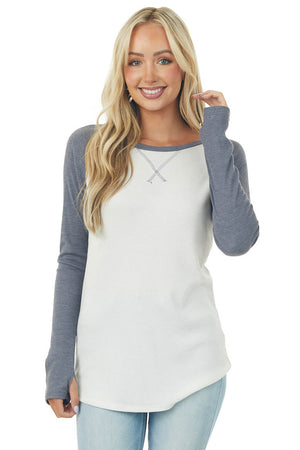 Stormy Grey and Ivory Long Sleeve Top with X Stitch Detail