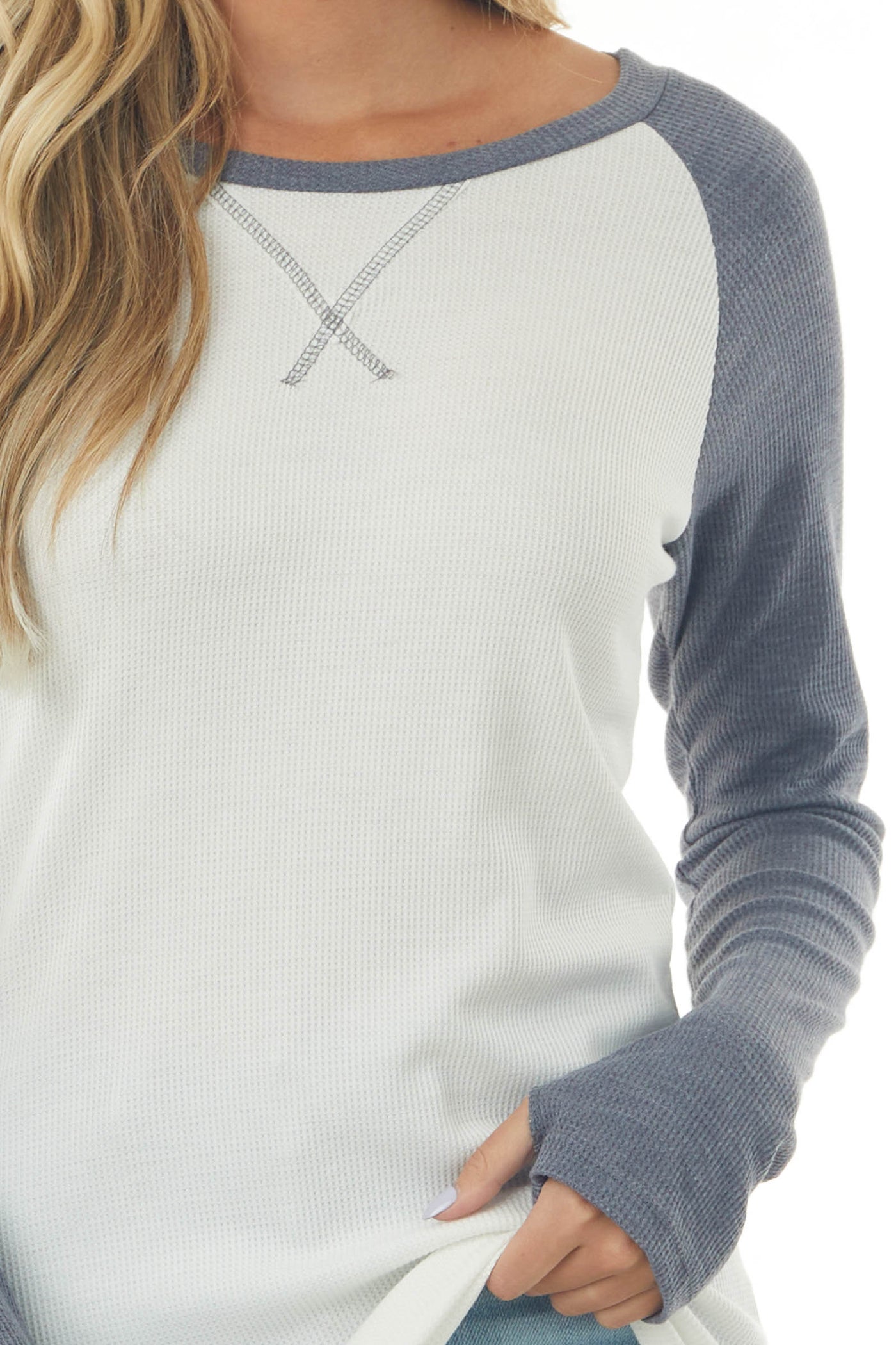 Stormy Grey and Ivory Long Sleeve Top with X Stitch Detail