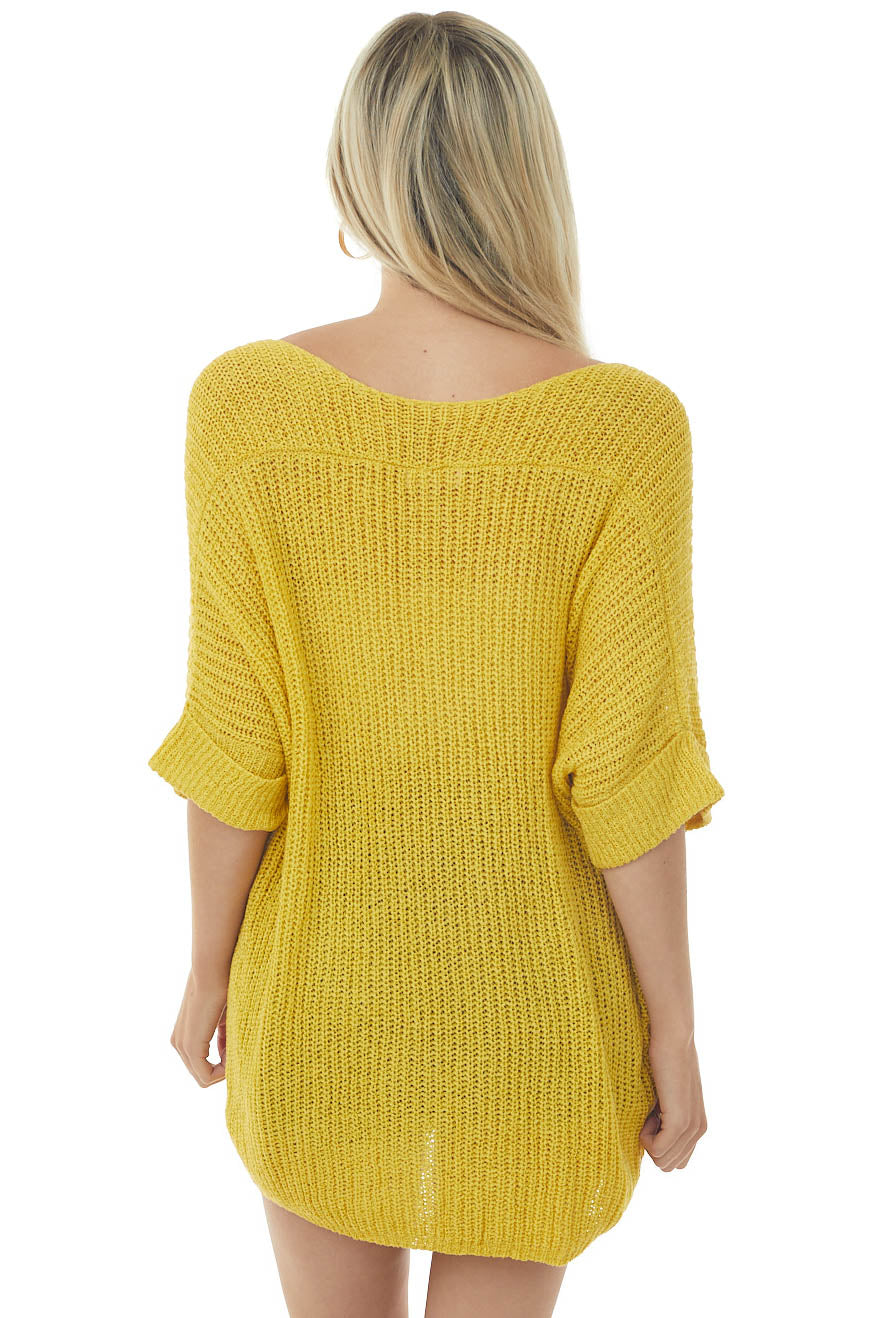 Straw Rolled Cuff Loose Knit Top with Pocket