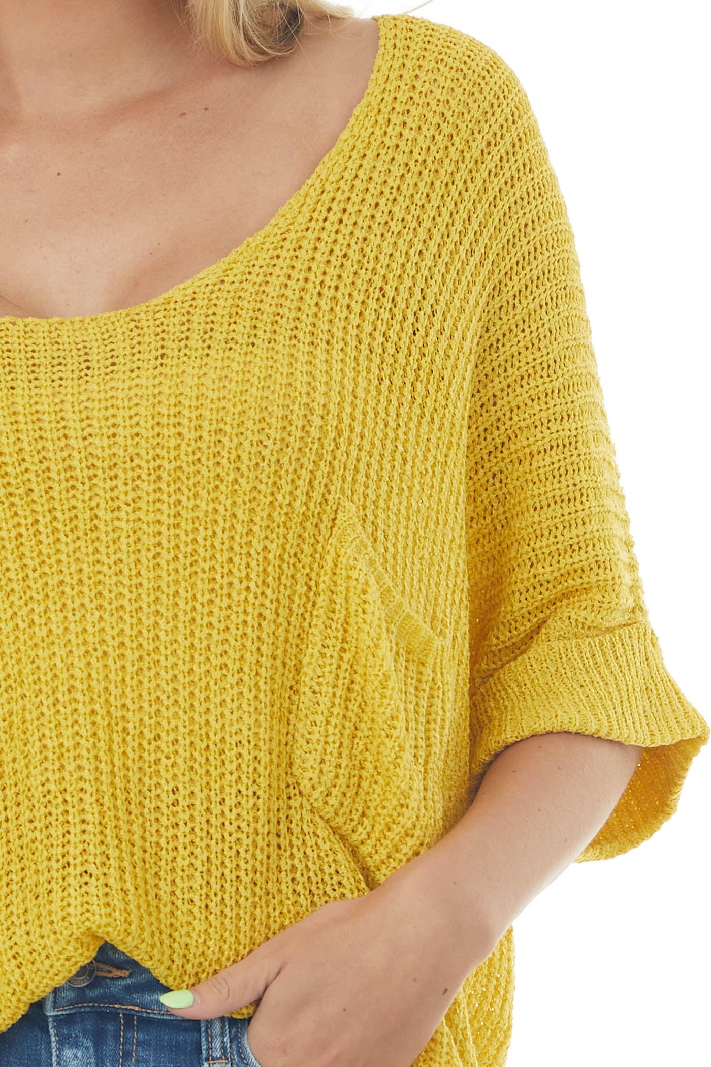 Straw Rolled Cuff Loose Knit Top with Pocket