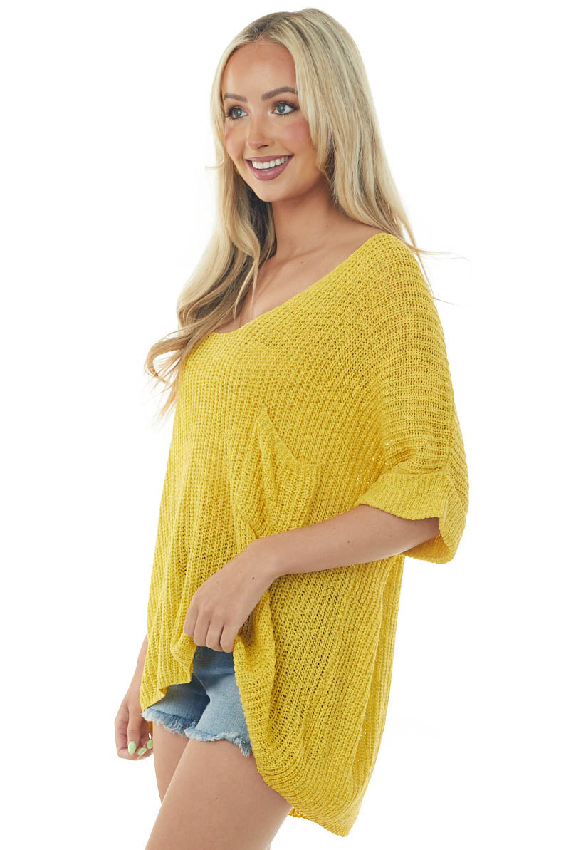 Straw Rolled Cuff Loose Knit Top with Pocket