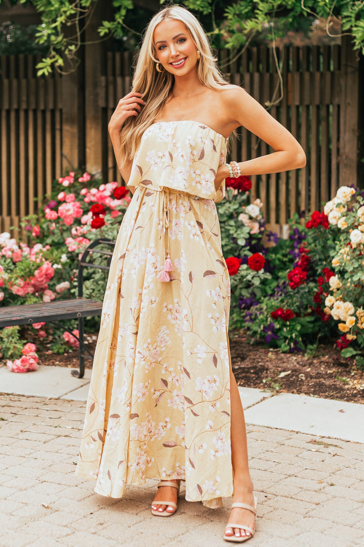 Straw Floral Sleeveless Side Slit Maxi Dress