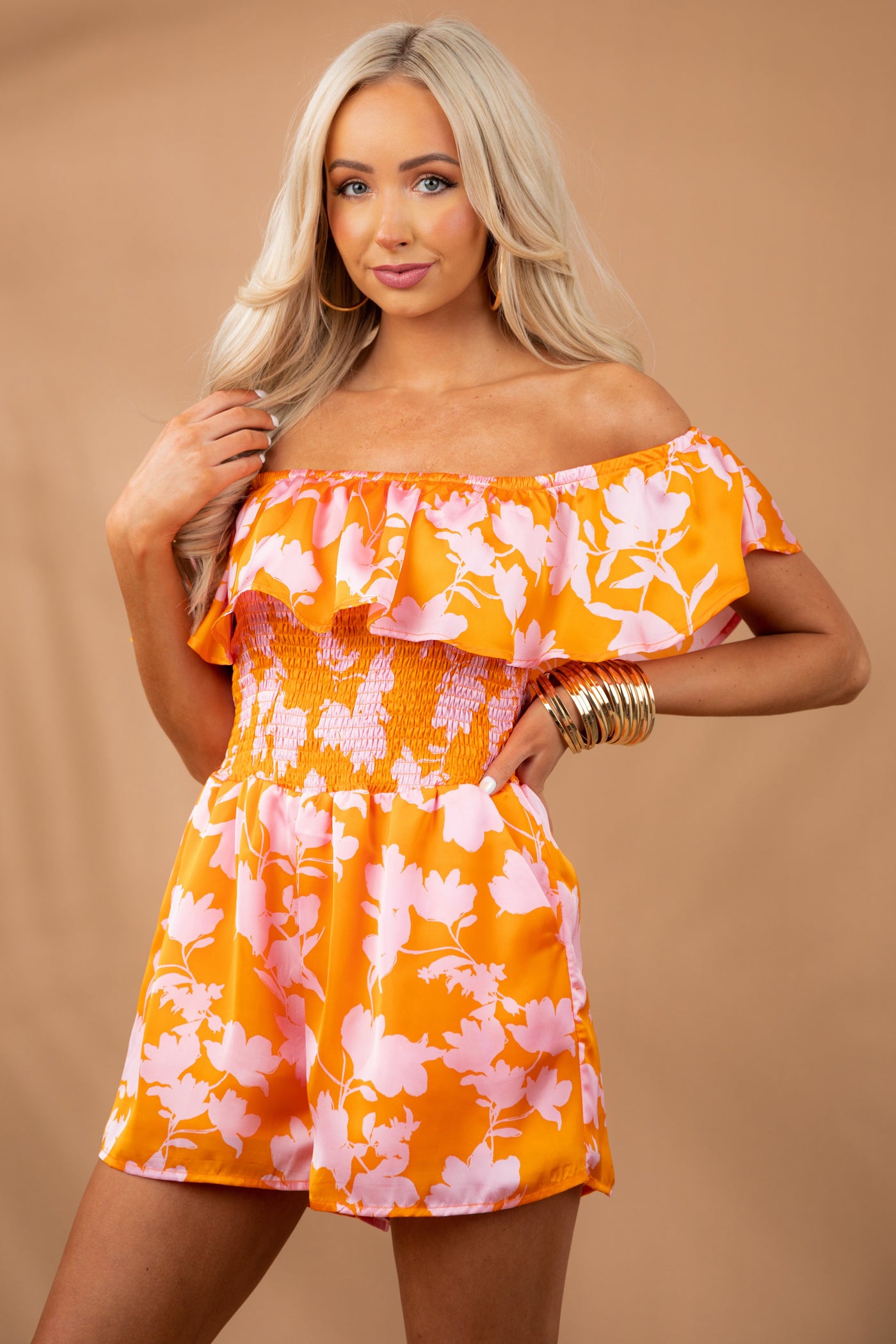 Sunset Floral Off Shoulder Smocked Satin Romper