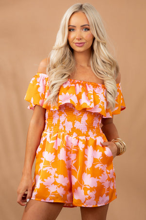 Sunset Floral Off Shoulder Smocked Satin Romper